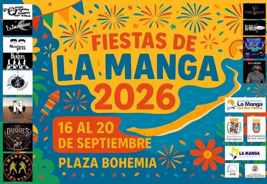Cartel oficial de las Fiestas de La Manga 2026 con programa de actuaciones en Plaza Bohemia del 16 al 20 de septiembre