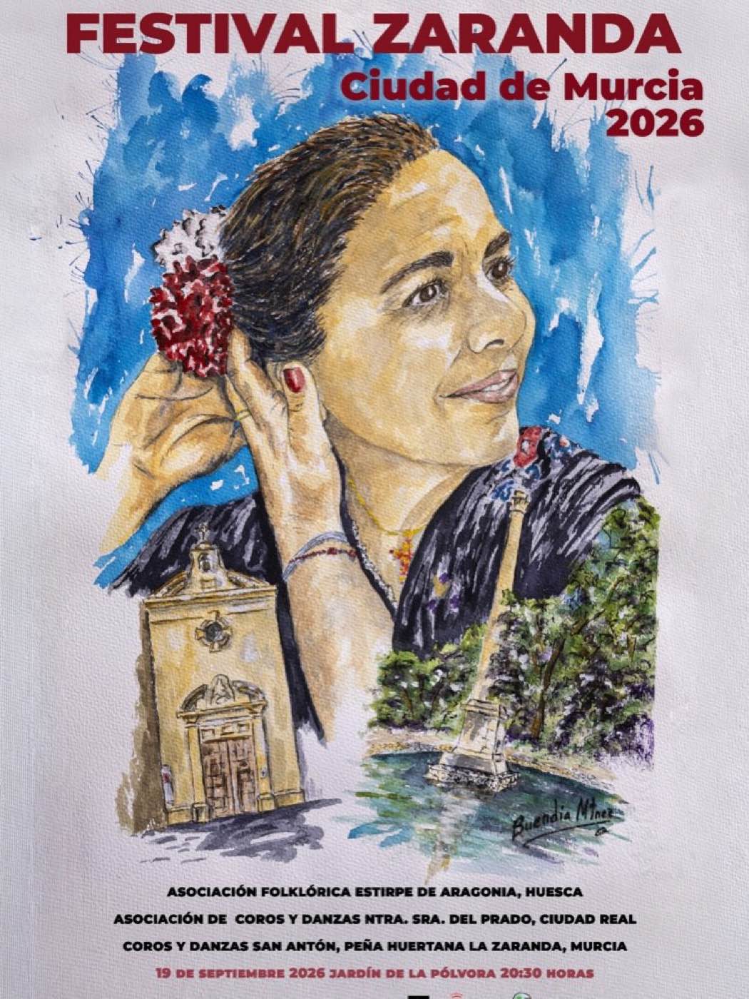 Cartel oficial del Festival Zaranda Ciudad de Murcia 2026: una mujer huertana pintada por Antonio Buendía Martínez, con la Ermita de San Antón y el Jardín de la Seda al fondo, y los nombres de los tres grupos participantes