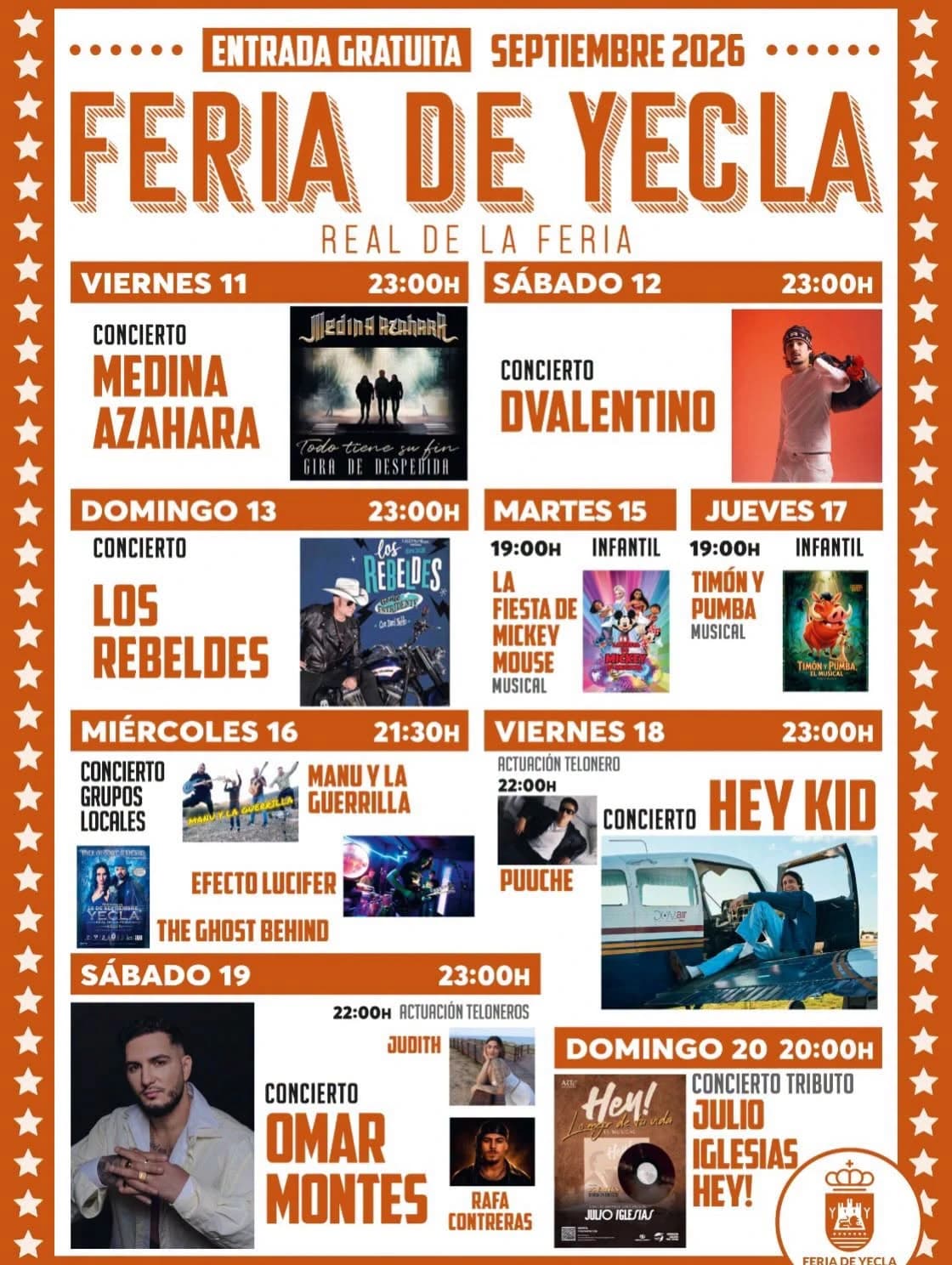 Cartel oficial de la Feria de Septiembre de Yecla 2026, con el programa de conciertos gratuitos del Real de la Feria